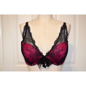 Cacique Bra Size 42C Underwire Bra  Back Clasp Black Lace Over Pink